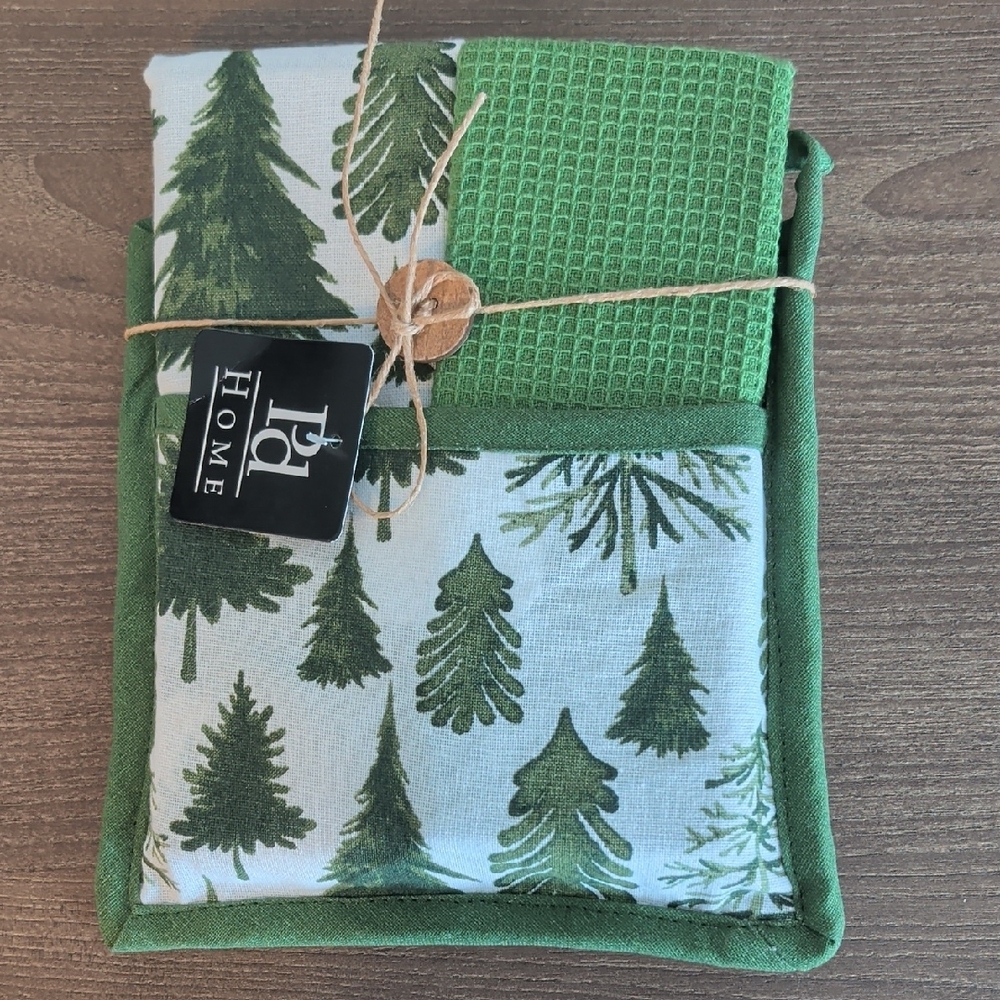 Pd Home Evergreen Pine Tree Green  Kitchen Towel Potholder Oven Mit Set